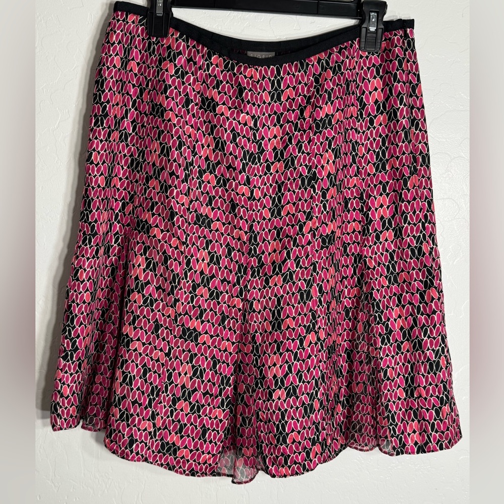 Sigrid Olsen Petite 8P 100% Silk A-Line Skirt Pink Black Geometric Print